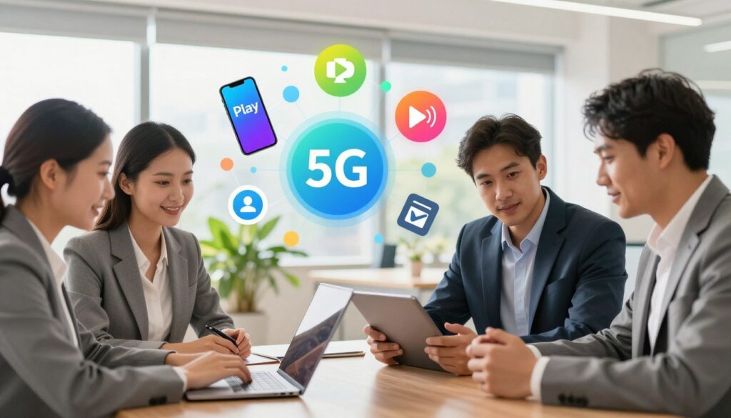 A visually appealing and engaging concept illustrating the advantages of Play’s offerings. In the foreground, depict a diverse group of three professionals dressed in smart business attire, discussing plans over a laptop and tablet, showcasing connectivity and collaboration. In the middle ground, incorporate visual elements representing Play services, such as mobile devices, vibrant network icons, and abstract representations of 5G technology, symbolizing speed and efficiency. In the background, a bright, modern office space is filled with natural light and green plants, creating a productive and inviting atmosphere. Use soft, warm lighting to enhance the welcoming feel, with focus set on the professionals in action. The mood should be optimistic and forward-looking, capturing the essence of utilizing Play’s services for convenience and connectivity. A visually appealing and engaging concept illustrating the advantages of Play’s offerings. In the foreground, depict a diverse group of three professionals dressed in smart business attire, discussing plans over a laptop and tablet, showcasing connectivity and collaboration. In the middle ground, incorporate visual elements representing Play services, such as mobile devices, vibrant network icons, and abstract representations of 5G technology, symbolizing speed and efficiency. In the background, a bright, modern office space is filled with natural light and green plants, creating a productive and inviting atmosphere. Use soft, warm lighting to enhance the welcoming feel, with focus set on the professionals in action. The mood should be optimistic and forward-looking, capturing the essence of utilizing Play’s services for convenience and connectivity.