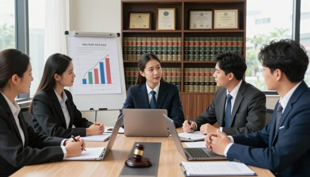 A visually engaging depiction of various legal career paths in a professional setting. In the foreground, a diverse group of legal professionals, including a notary and a legal advisor, dressed in polished business attire, engage in discussion around a conference table filled with legal documents and laptops. The middle ground features a chart or graph illustrating salary ranges within the legal field, subtly included in the design. In the background, a large bookshelf filled with law books and framed legal certificates emphasizes the academic aspect of the profession. The scene is illuminated by warm, natural light streaming through large windows, creating an inviting and focused atmosphere. The perspective is slightly elevated, giving a clear view of the discussions and the environment, conveying a sense of professionalism and ambition.