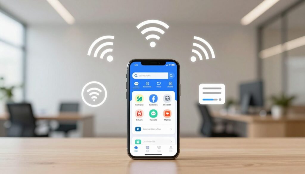 A visually engaging illustration depicting a variety of mobile subscription options and services. In the foreground, showcase a sleek smartphone displaying multiple app icons representing different subscription plans and telecommunications services. In the middle ground, arrange symbols like Wi-Fi signals, data streams, and payment options, suggesting a tech-savvy environment. The background should feature a modern office setting with a clean, professional aesthetic, bathed in soft, natural lighting to create a warm and inviting atmosphere. Use a shallow depth of field, focusing on the smartphone while gently blurring the background elements. The overall mood should be professional yet accessible, emphasizing the ease of selecting subscription options.