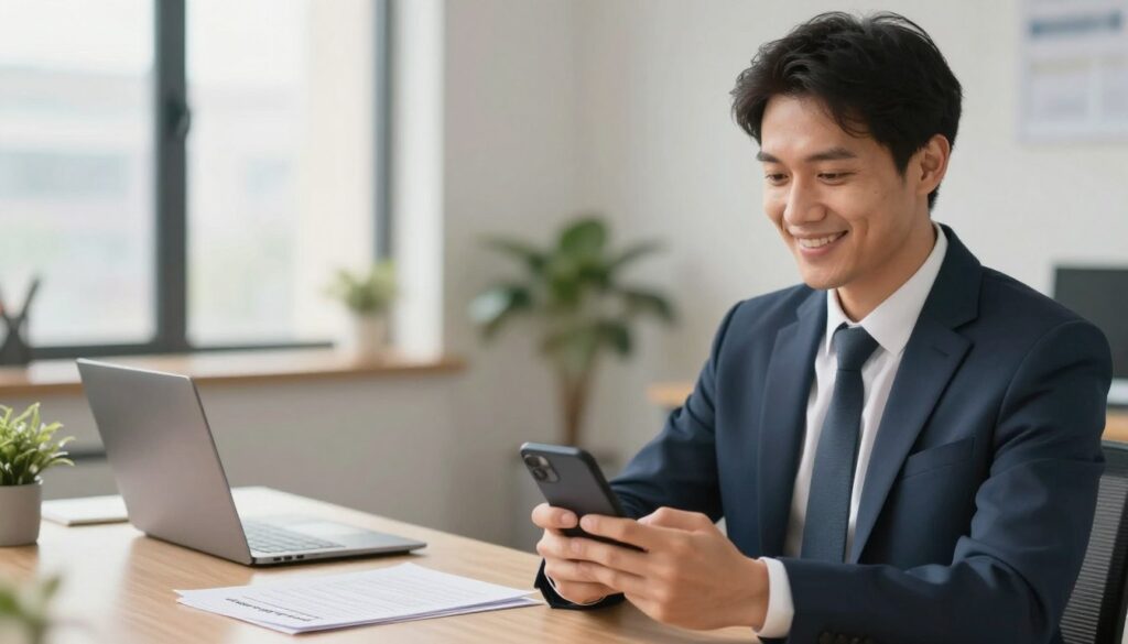A visually engaging illustration depicting the benefits of contract extension. In the foreground, a confident professional in business attire, smiling and holding a smartphone, symbolizes satisfaction with their telecommunications contract. In the middle ground, a calm office environment with a desk featuring documents and a laptop, implying careful consideration of contract options. The background includes soft-focus elements like a window with cityscape views, creating a sense of modernity and connectivity. The lighting is warm and inviting, enhancing the atmosphere of positivity and security. Use a shallow depth of field to draw attention to the professional, while maintaining the context of the office setting, instilling a feeling of reassurance and forward-thinking.