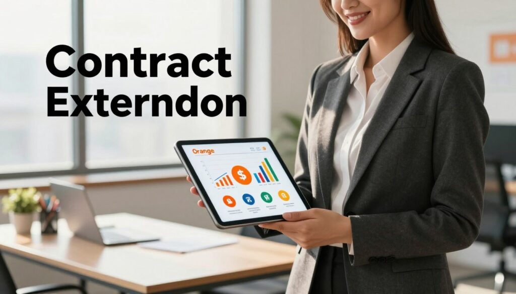 A visually engaging representation of the benefits of contract extension, featuring a confident business professional in a smart business suit, standing in an office setting. In the foreground, the individual holds a tablet displaying graphs and icons that symbolize bonuses and promotional offers. In the middle ground, a sleek desk with stationery and a small plant adds a touch of comfort. In the background, large windows let in bright daylight, creating an optimistic and welcoming atmosphere. The lighting is warm and inviting, casting soft shadows for depth. The overall mood conveys positivity and professionalism, reflecting the enticing advantages of extending a contract with Orange.