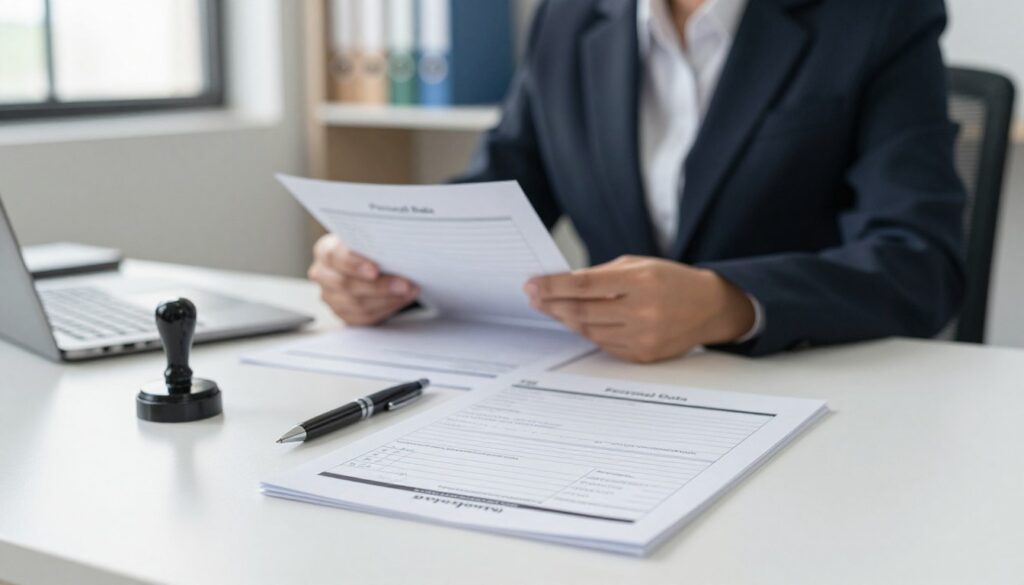 A well-organized office environment representing a visa application scene. In the foreground, a neatly arranged desk with an open application form titled "Personal Data," showing filled-out details in clear handwriting. Display a pen and an official stamp beside the form. In the middle ground, a professional individual in business attire, focused on reviewing documents, appears slightly blurred to emphasize the desk. The background should feature bookshelves filled with folders and files, suggesting an administrative atmosphere. Soft natural light filters through a window, creating a calm and organized mood, enhancing the sense of responsibility and attention to detail in the application process. The image evokes a focused and professional ambiance, suitable for discussing personal data requirements in official documents. A well-organized office environment representing a visa application scene. In the foreground, a neatly arranged desk with an open application form titled "Personal Data," showing filled-out details in clear handwriting. Display a pen and an official stamp beside the form. In the middle ground, a professional individual in business attire, focused on reviewing documents, appears slightly blurred to emphasize the desk. The background should feature bookshelves filled with folders and files, suggesting an administrative atmosphere. Soft natural light filters through a window, creating a calm and organized mood, enhancing the sense of responsibility and attention to detail in the application process. The image evokes a focused and professional ambiance, suitable for discussing personal data requirements in official documents.