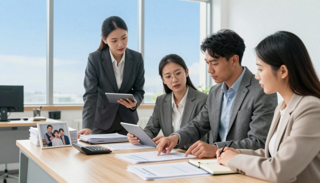 A well-organized office setting highlighting the concept of "family benefit conditions." In the foreground, a diverse group of three professionals in smart business attire – a woman with glasses, a man with a tablet, and a woman with a notebook – are engaged in a discussion, pointing at documents on a desk. The middle layer features a neatly organized desk with stacks of papers, a family photo, and a calculator, symbolizing the application process. In the background, a large window reveals a clear blue sky, with light streaming into the room, suggesting openness and clarity. The mood is focused, conveying a sense of professionalism and determination, using soft natural lighting and a wide-angle lens to emphasize collaboration and the importance of family support systems.