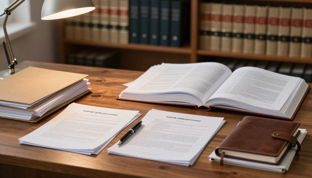A well-organized office space filled with legal documents, folders, and stationery items representing "wnioski i pisma procesowe." In the foreground, a polished wooden desk displays neatly stacked paperwork, a fountain pen, and a leather-bound notebook. The middle layer features open legal books, highlighting pages with densely written text and annotations. In the background, shelves lined with law books and case files add depth, with a soft-focus effect. The lighting is warm and inviting, emanating from a desk lamp, creating a professional yet approachable atmosphere. The overall mood is one of seriousness and focus, suitable for a legal setting, depicted without any human figures to emphasize the documents alone.