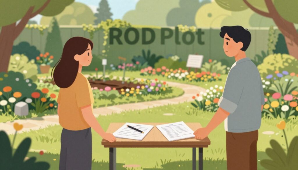 An illustration depicting the process of acquiring a ROD plot, featuring a serene garden setting. In the foreground, a couple in modest casual clothing, holding hands and discussing, symbolizing the decision-making process. In the middle ground, a small table with documents and a pen, suggesting the paperwork involved in the transaction. The background showcases a lush, well-maintained ROD area with colorful flowers and greenery, evoking a sense of community and tranquility. Soft, warm sunlight filters through the trees, casting gentle shadows. The image should have a professional and informative tone, capturing the essence of purchasing a garden plot, while maintaining an inviting atmosphere.