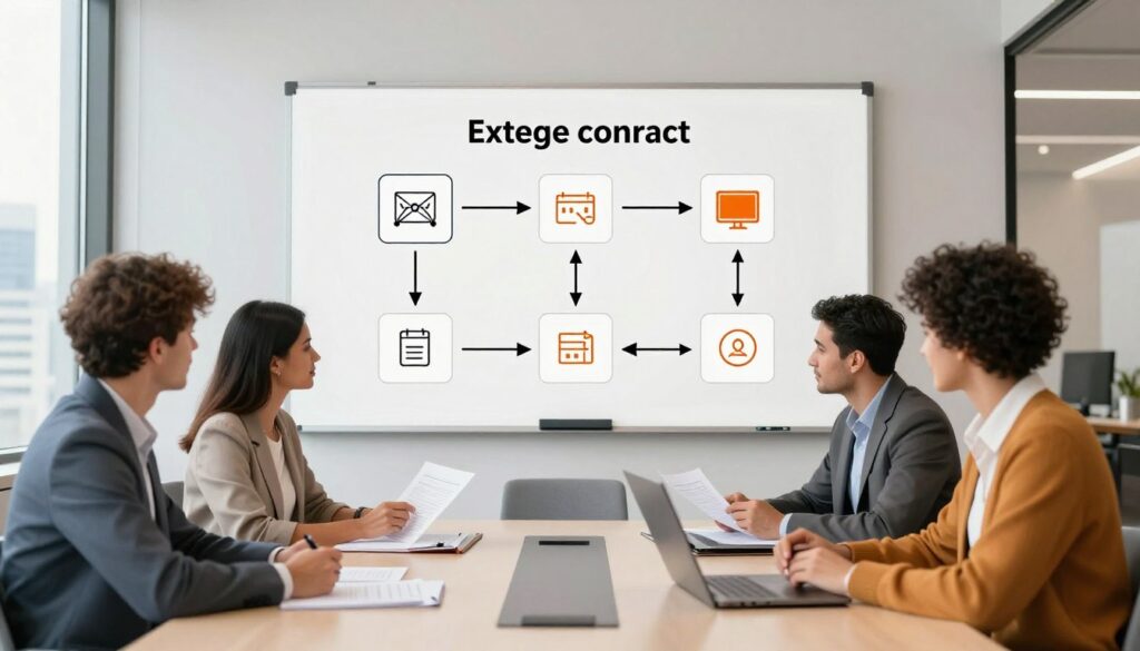An illustration depicting the step-by-step process of extending a mobile contract with Orange. In the foreground, a diverse group of professionals—two men and two women—are seated around a modern conference table, engaging in discussion while reviewing documents and a laptop. The middle layer features a large whiteboard with a neatly drawn flowchart outlining the steps to extend the contract, filled with icons and arrows for clarity. In the background, a sleek office environment with large windows allows natural light to flood the space, revealing a city skyline. The overall mood is focused and collaborative, emphasizing clarity, professionalism, and progression in the contract extension process. Use soft, even lighting to create a friendly atmosphere.