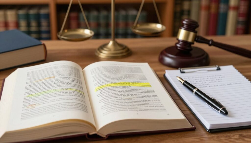 An open law book with elegant pages, displaying highlighted legal citations in a clear format, sits prominently in the foreground. Next to it, a classic fountain pen lies beside a notepad filled with neatly written notes on legal citation principles. In the middle ground, a softly blurred wooden desk adds a professional workspace atmosphere, adorned with subtle office supplies such as legal scales and a gavel. The background features a cozy, well-lit library with shelves lined with law books, their spines rich in color. The lighting is warm and inviting, creating a focused yet scholarly mood. The composition is captured from a slightly elevated angle, highlighting the details of the book and pen, while drawing the viewer's attention to the subject of legal citation rules.